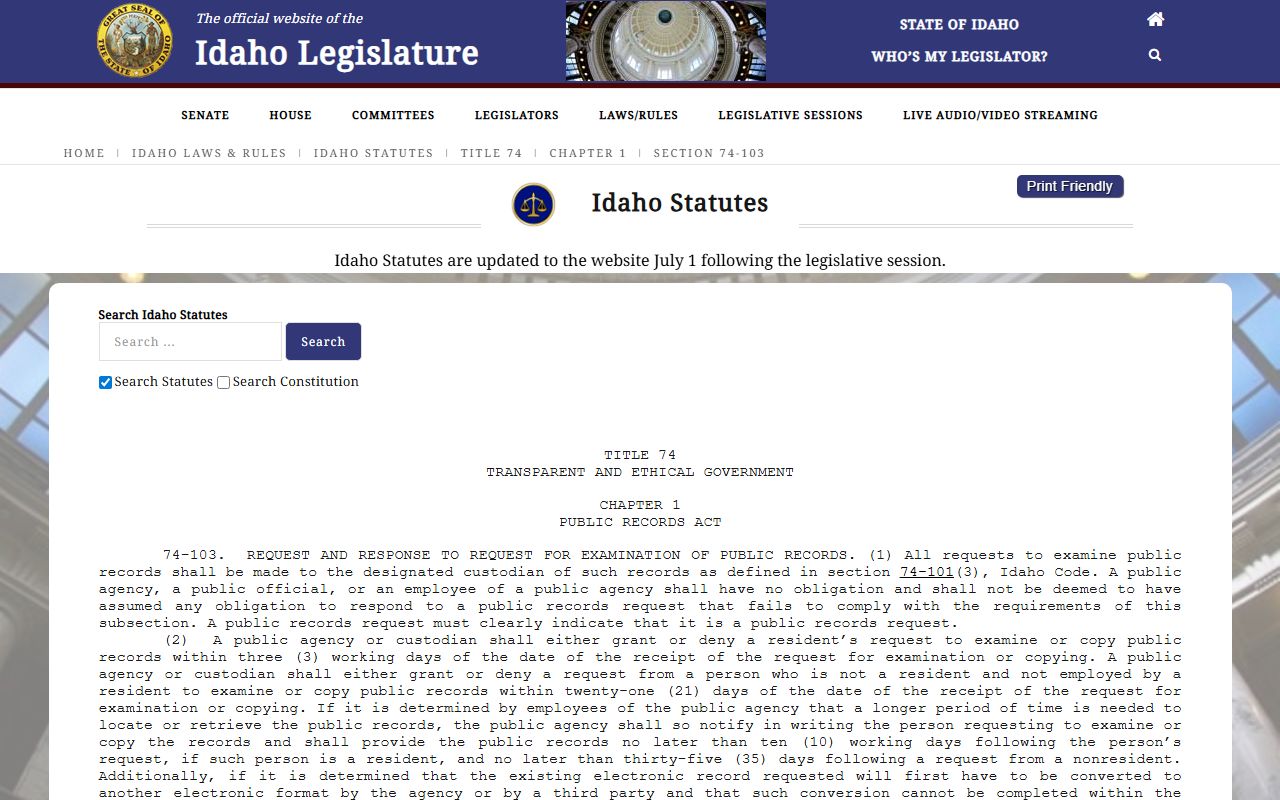 Jerome County court dockets Idaho public records response statute source