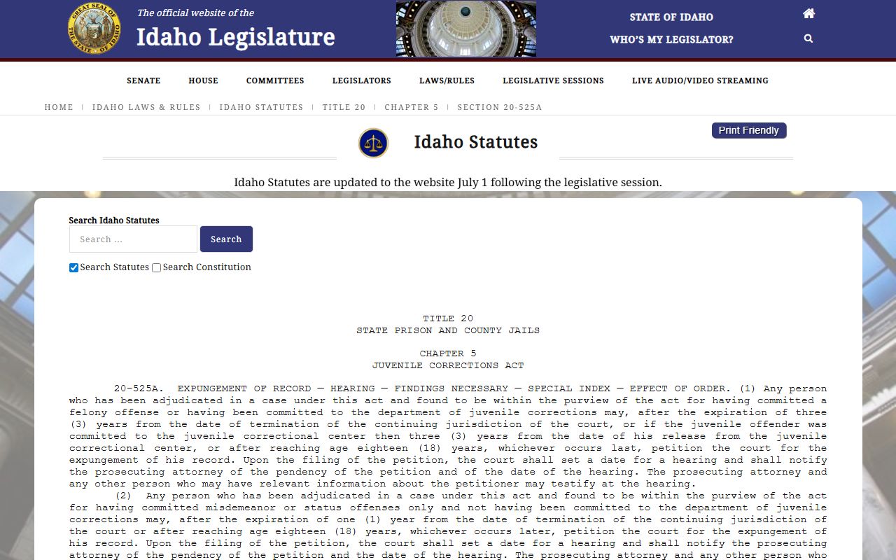 Jerome County criminal court records Idaho juvenile expungement statute source