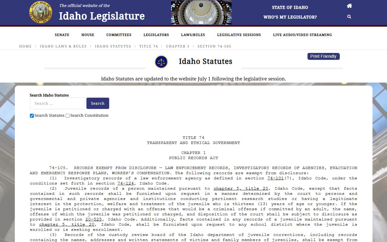 Jerome County criminal court records Idaho law enforcement exemption source