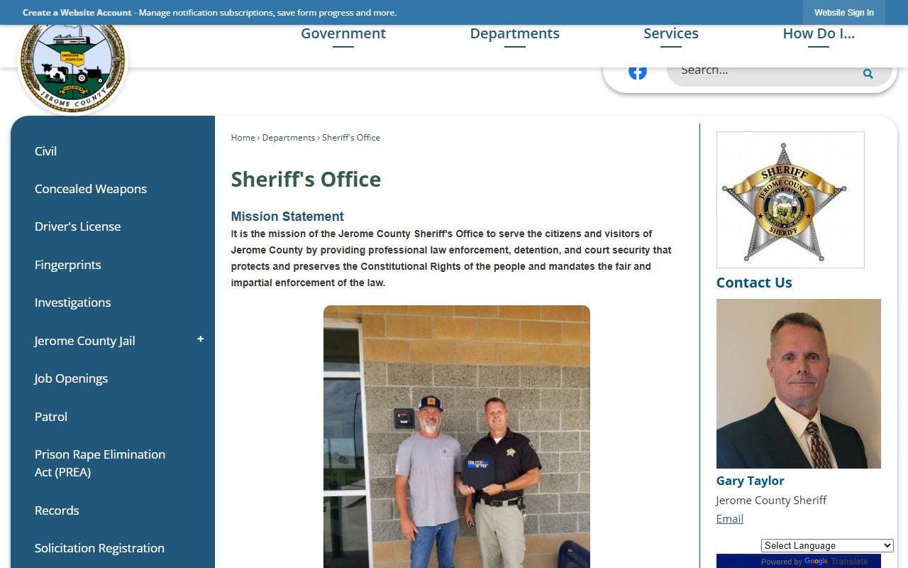 Jerome County inmate records Sheriff's Office page