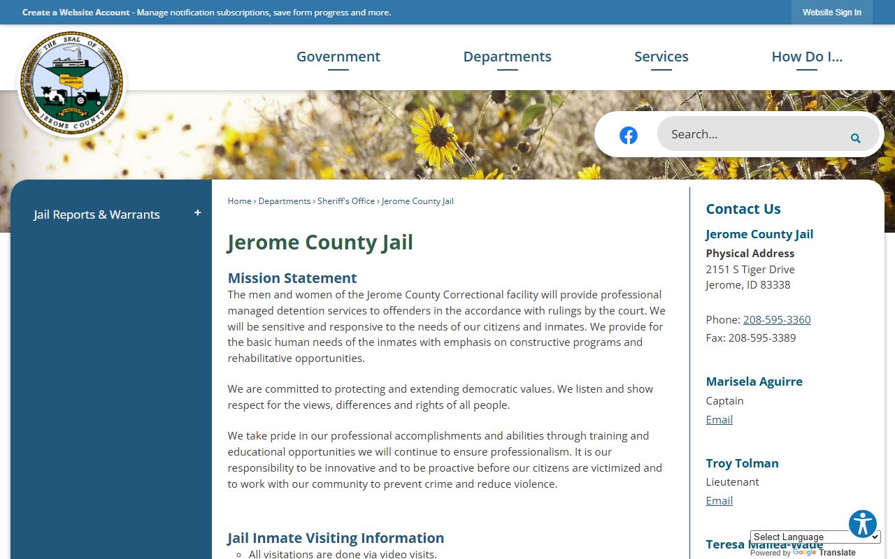Jerome County inmate records Jail contact page