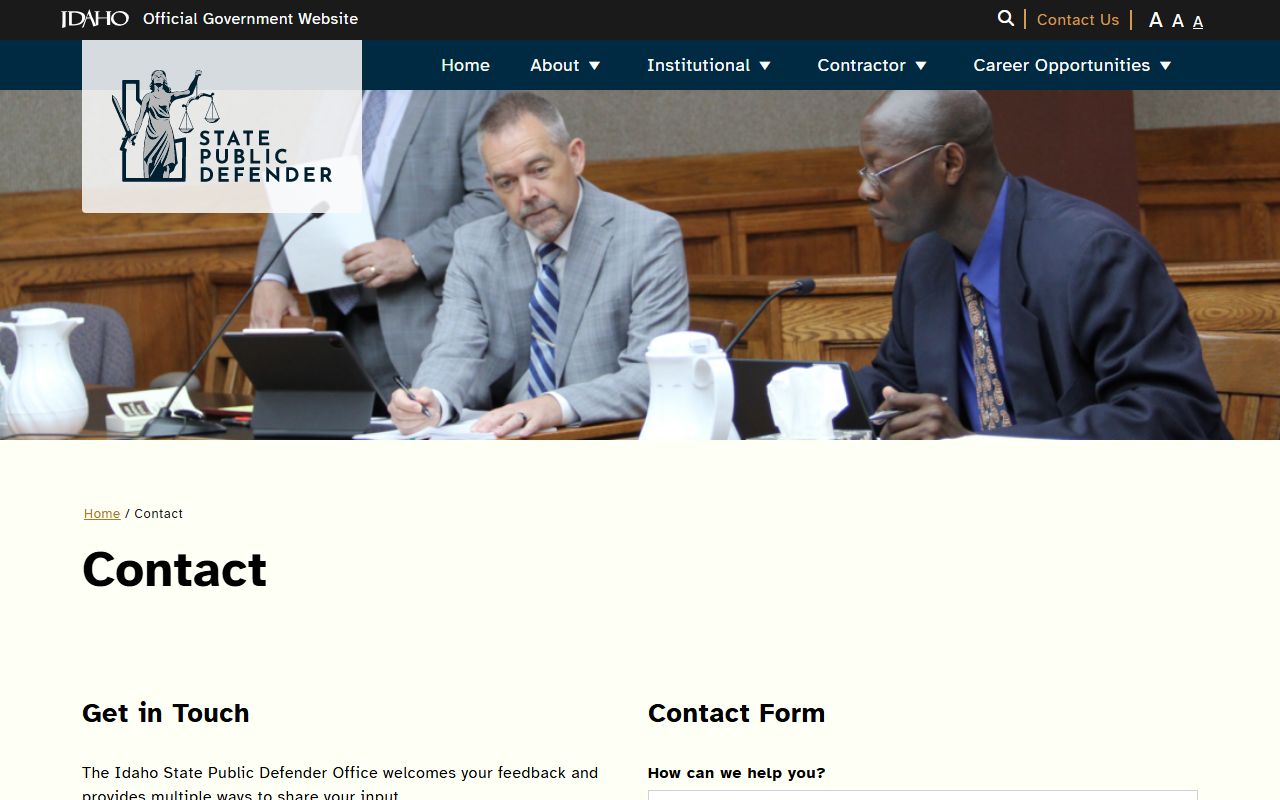 Idaho State Public Defender contact page with Jerome County office listing