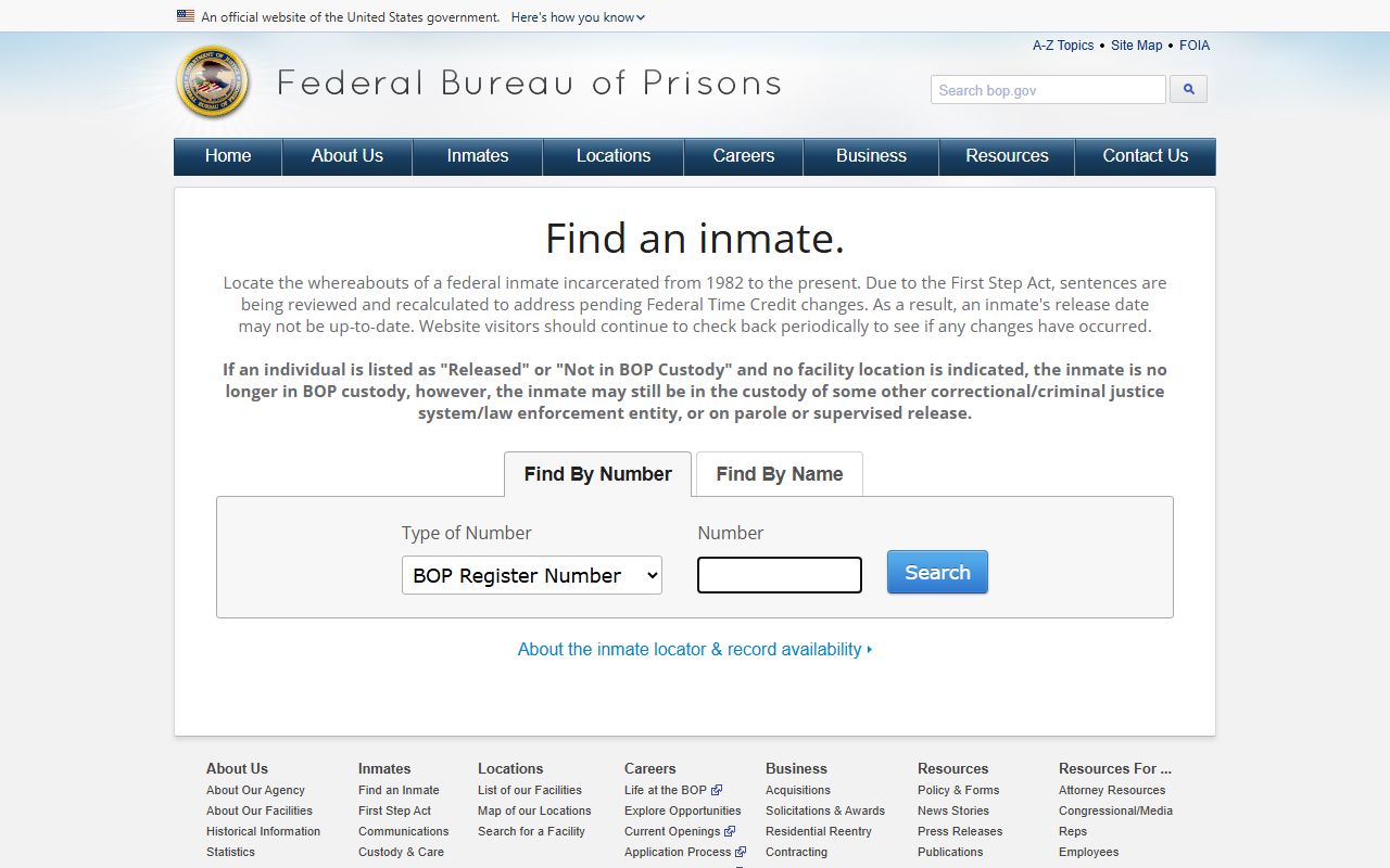 Federal Bureau of Prisons inmate locator website