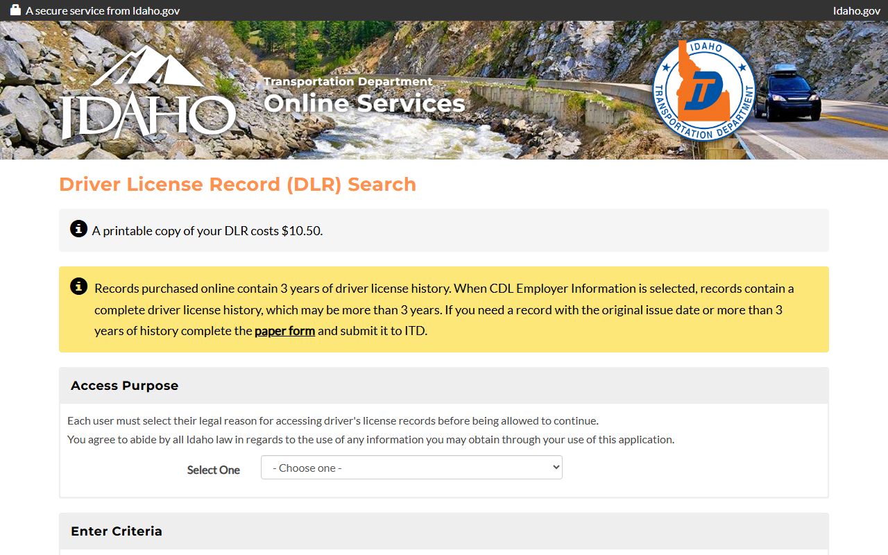 Tyler Idaho online driver record order page