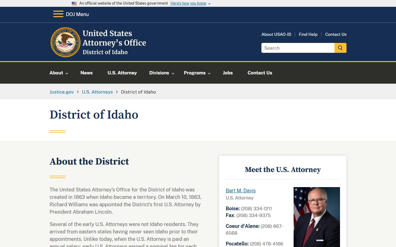 U.S. Attorney's Office for the District of Idaho website