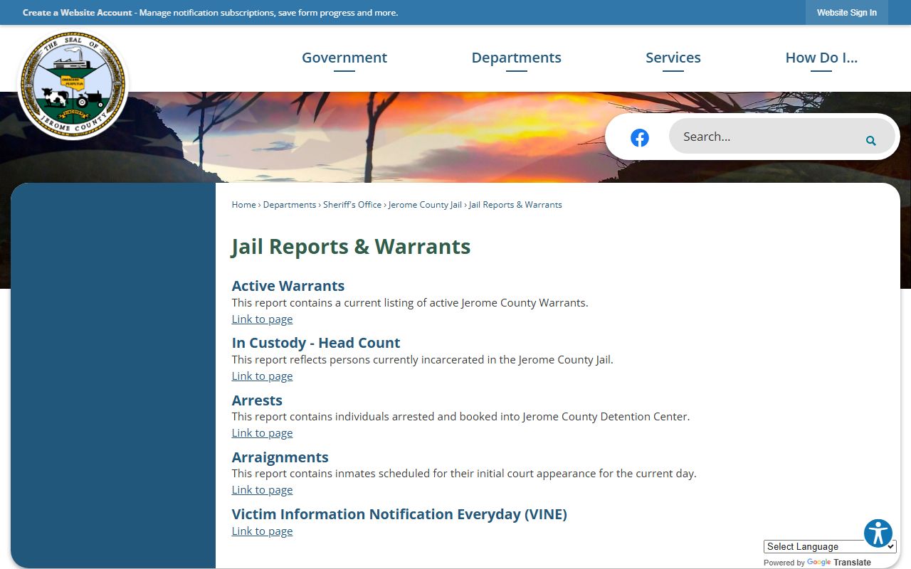 Jerome County warrant records Jail Reports and Warrants page